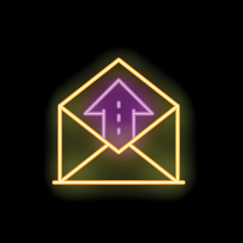 Neon sign showing envelope with upward arrow on black background vector
