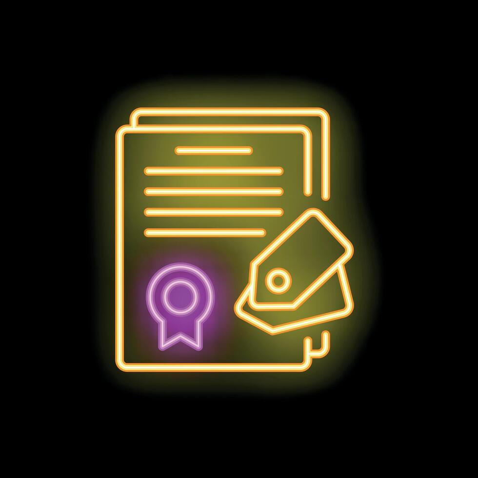 Neon icon of documents with stamp and tags representing official papers vector