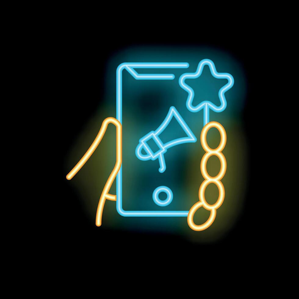 Hand holding smartphone with loudspeaker, star and coins neon sign on black background vector