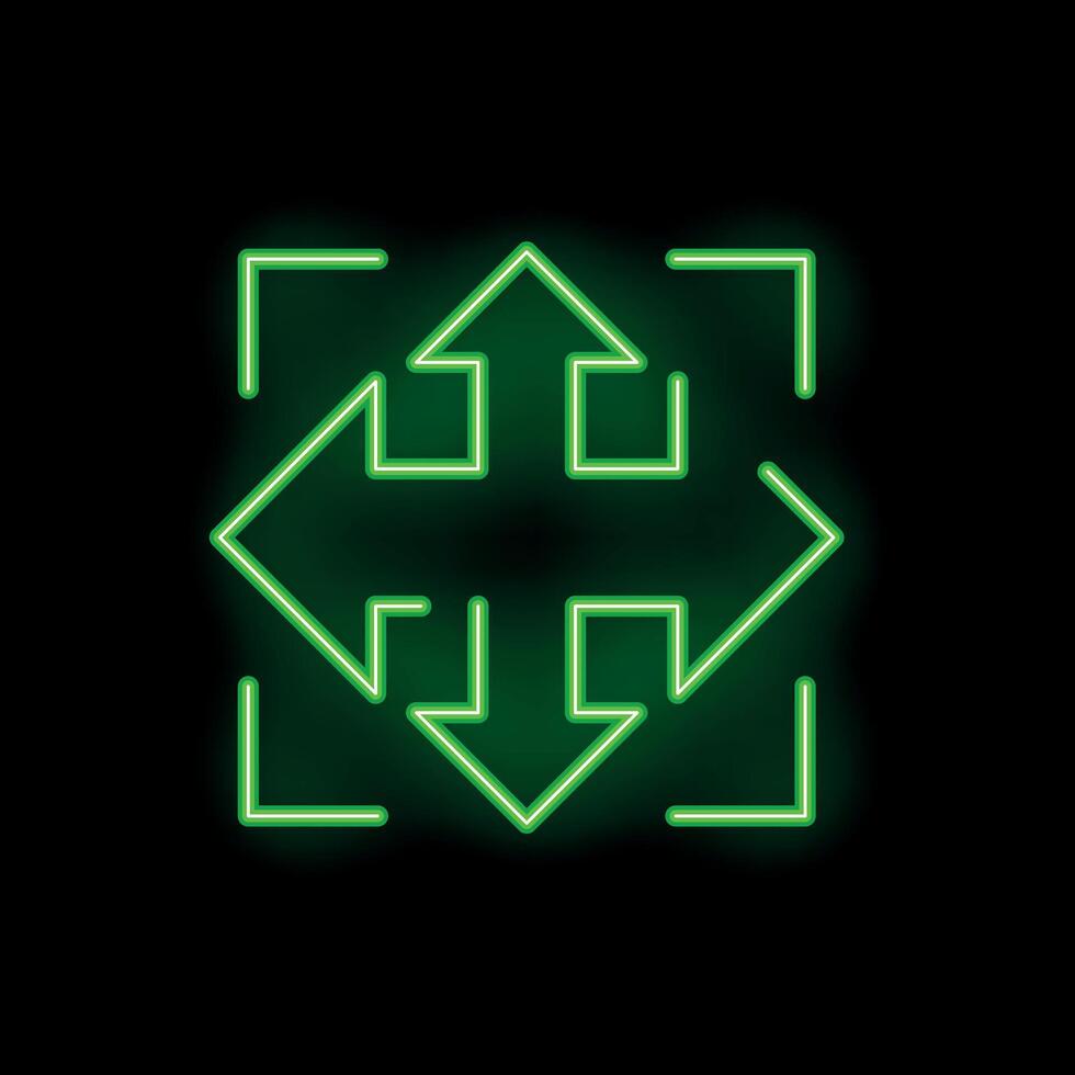 Green neon sign showing four arrows pointing in different directions inside a square vector