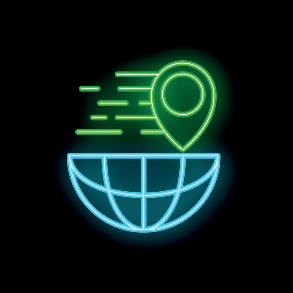 Neon green location pin icon moving around the world on black background vector