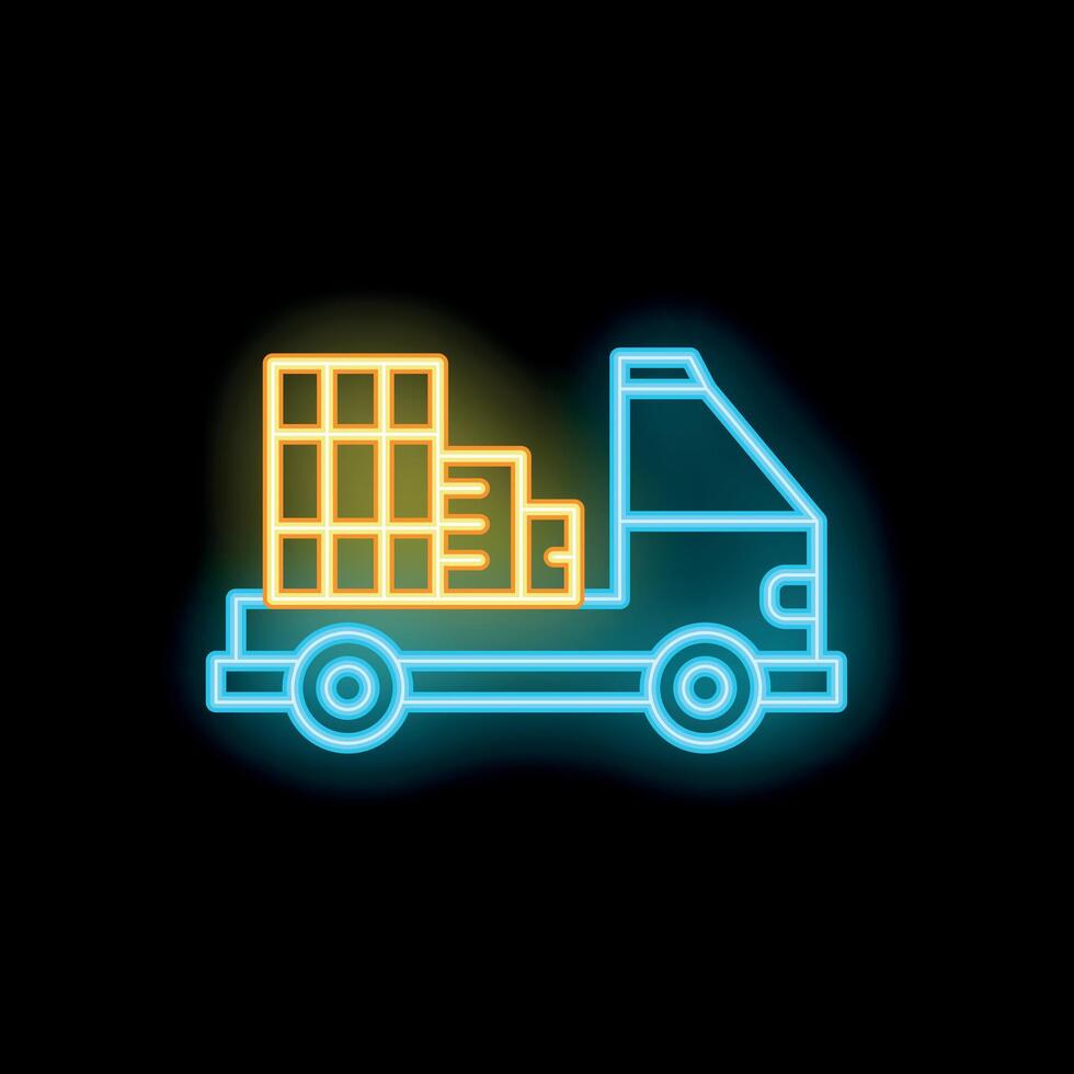 Glowing neon line delivery truck carrying boxes icon illustration on dark background vector