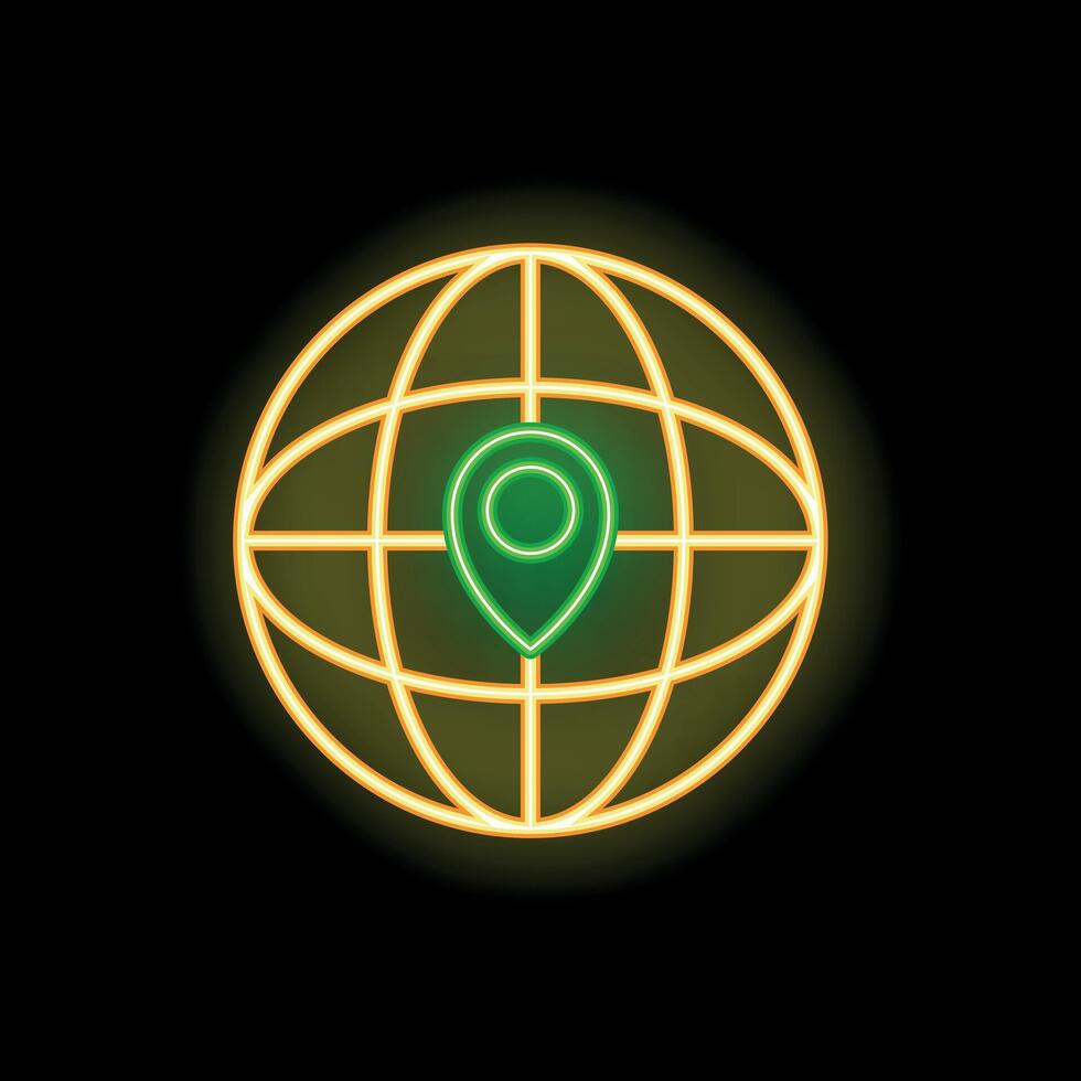 Neon icon of location pin inside earth globe showing global positioning system vector