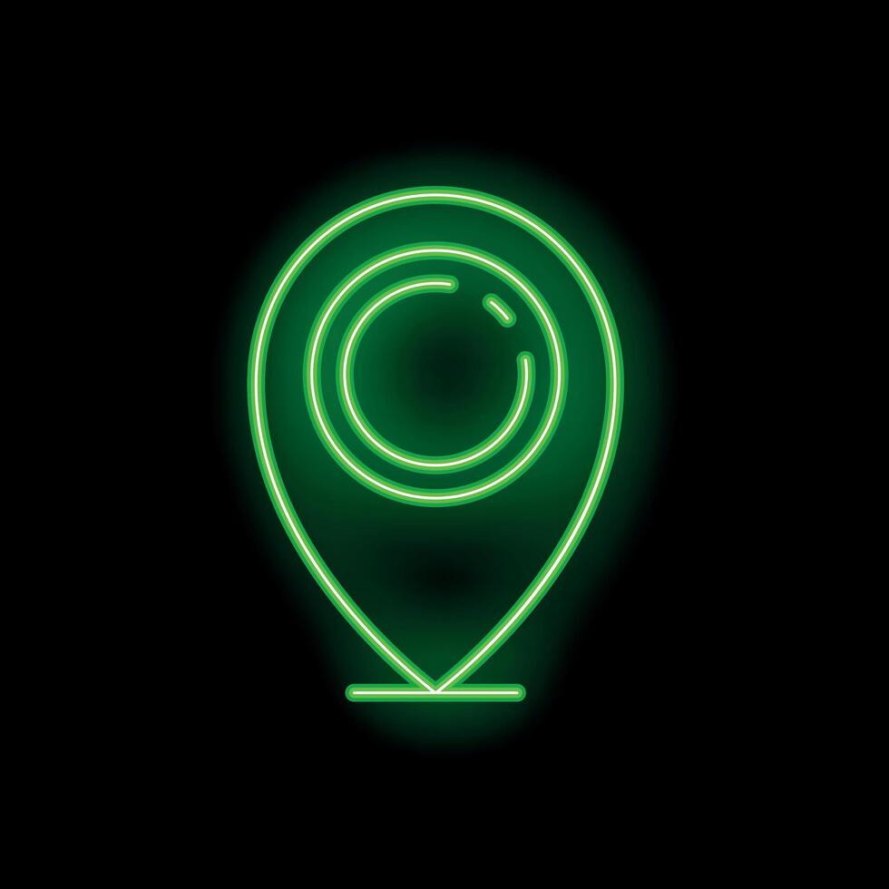 Green neon pin showing location on black background vector