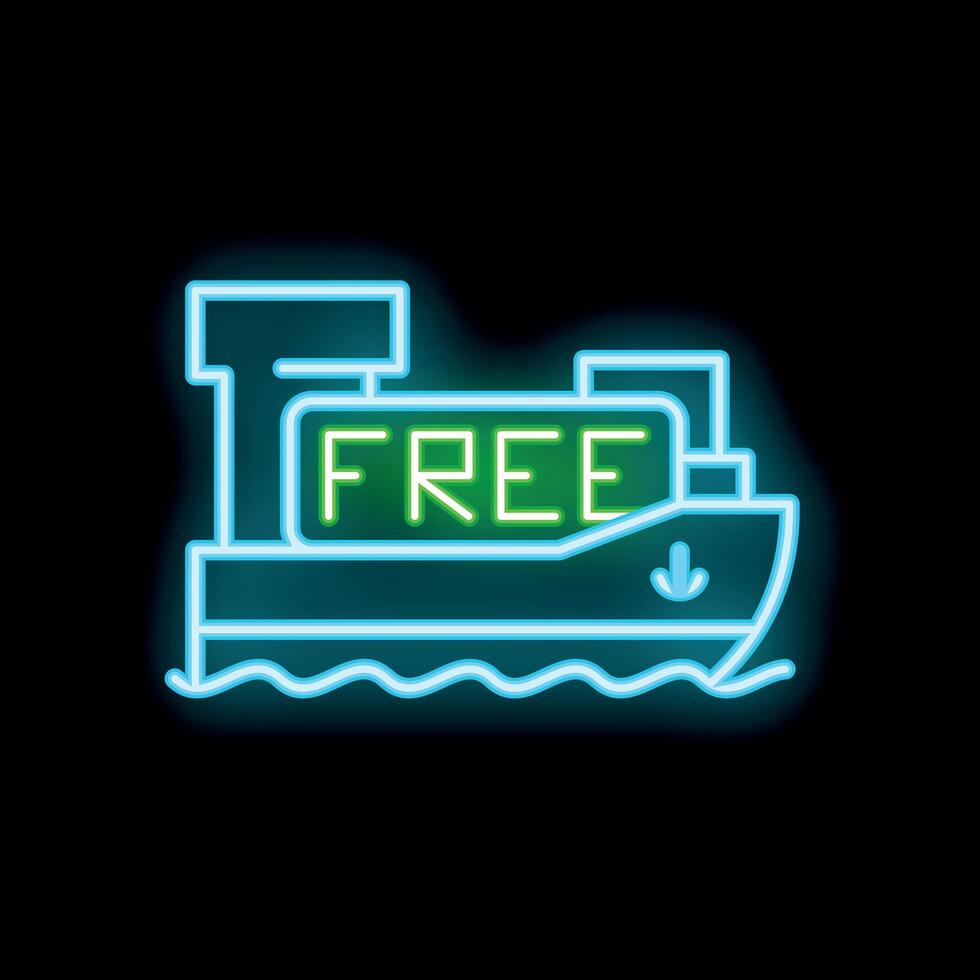 Neon sign of cargo ship with free banner on water at night vector