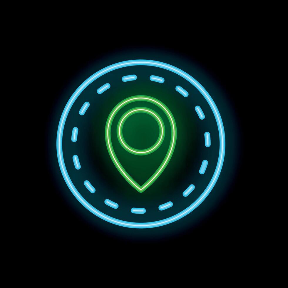Neon green location pin icon surrounded by blue circle on black background vector