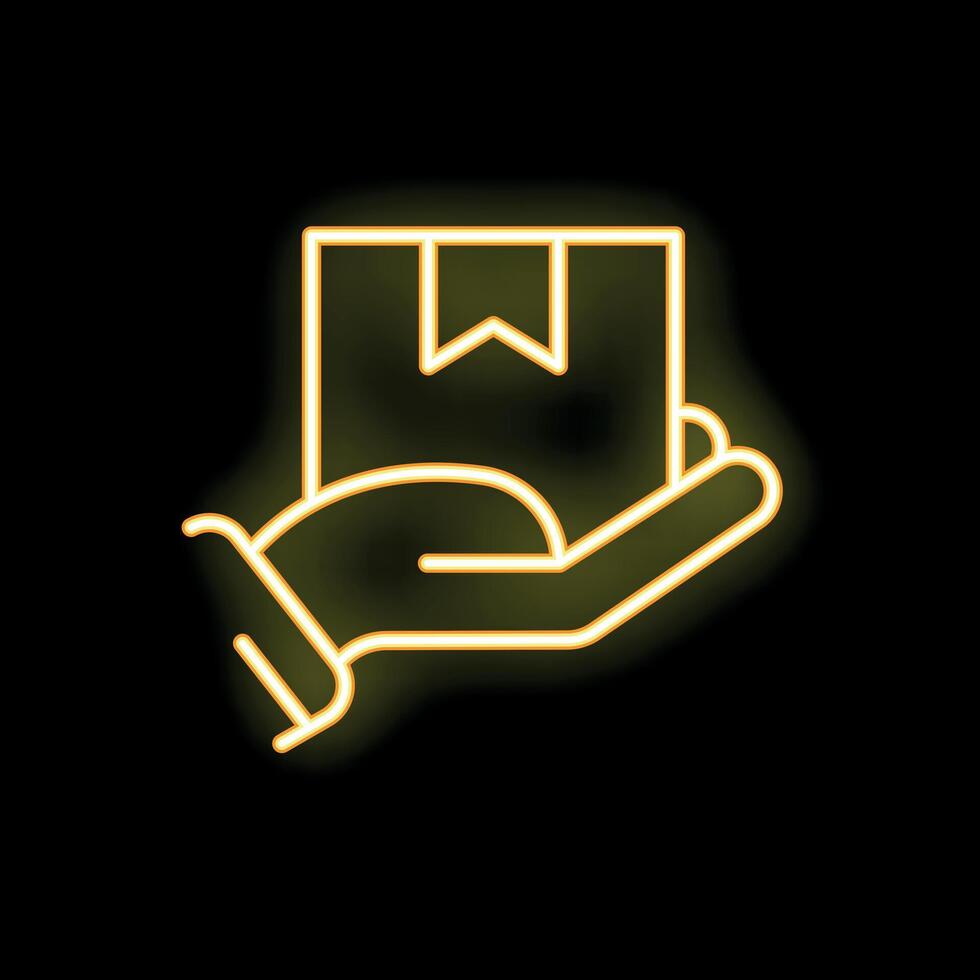 Courier hand holding package neon sign on black background vector