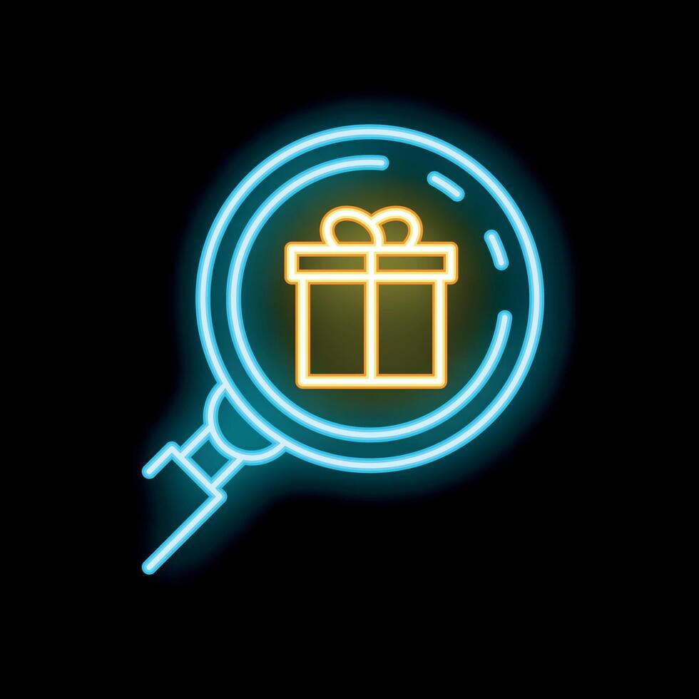 Neon magnifying glass zooming in on a gift box on black background vector