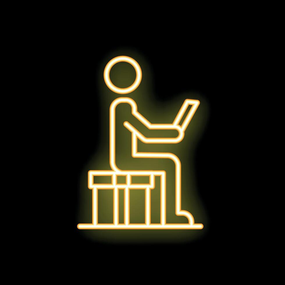 Man reading book sitting on bench yellow neon icon vector