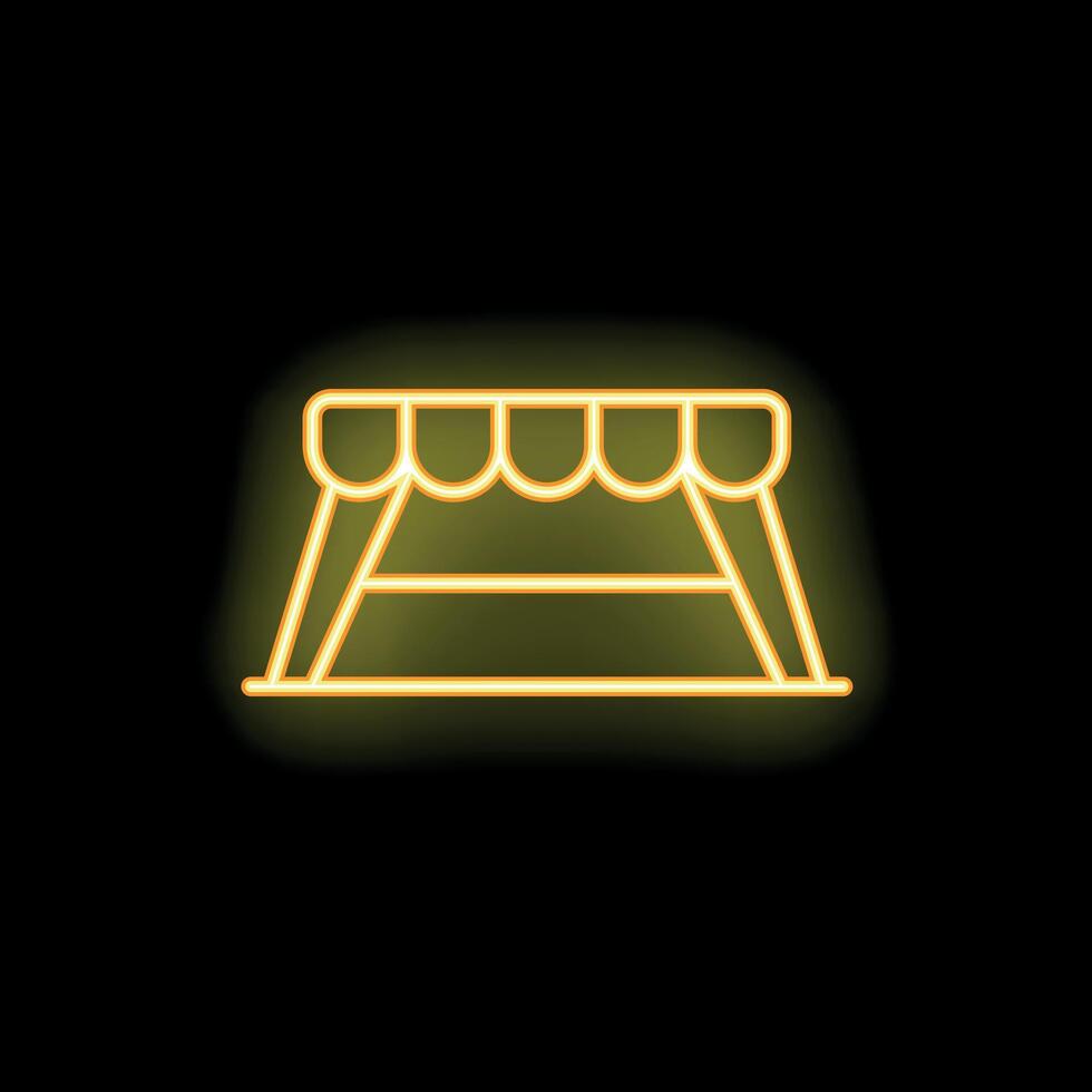 Glowing neon icon of a market stall with awning on a black background vector