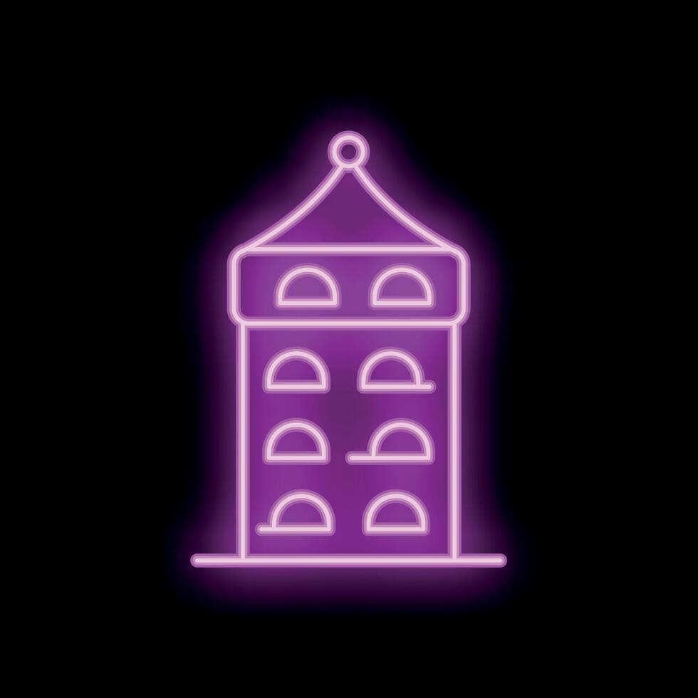 Neon sign of medieval castle tower glowing in purple on black background vector