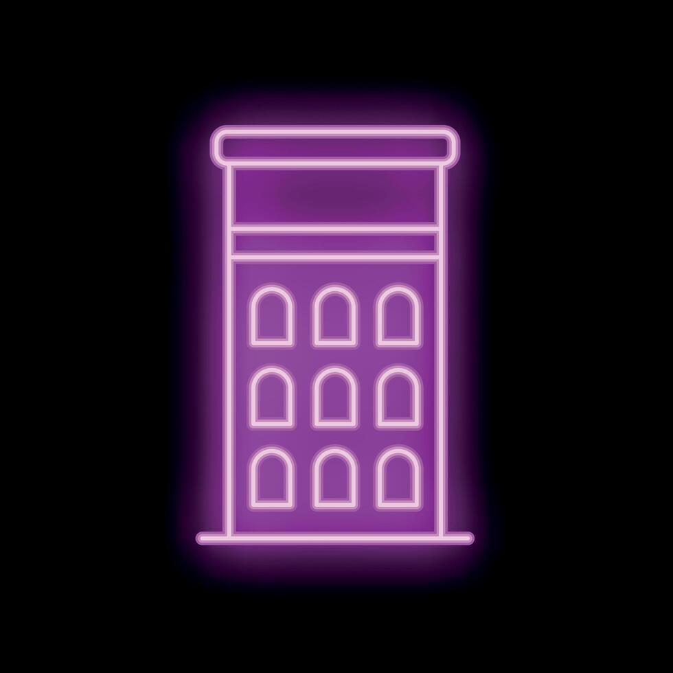 Neon sign of a building with arched windows glowing purple on black background vector