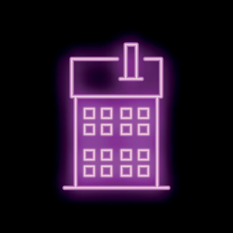 Neon sign representing an apartment building with square windows and a chimney on its roof on a black background vector