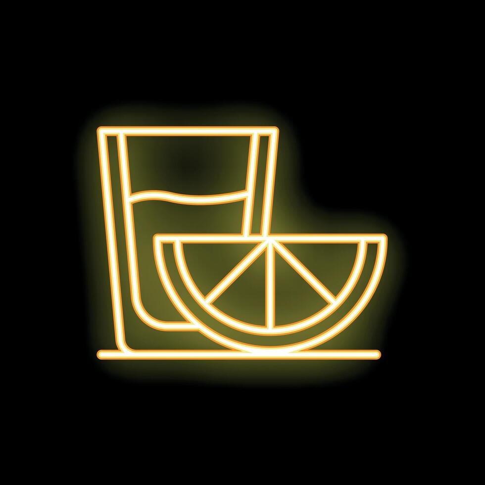 Neon yellow cocktail glass with slice of citrus fruit icon vector