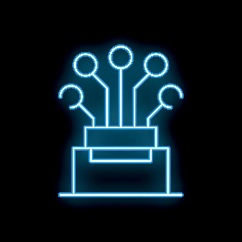 Neon blue server icon connecting to network, data center concept vector