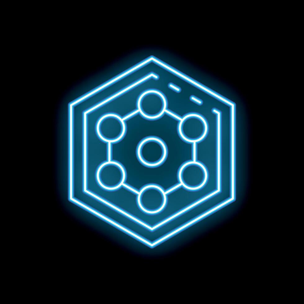 Blue neon hexagon with connected circles on black background vector