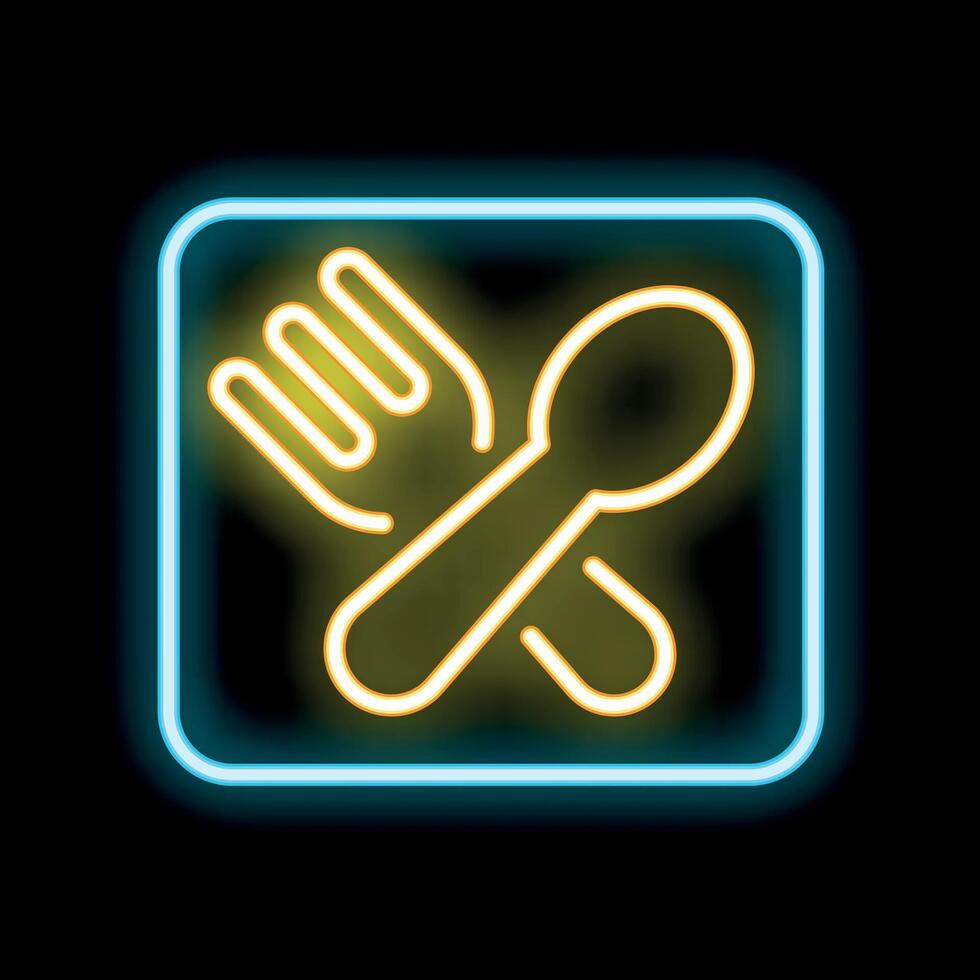 Glowing neon sign showing crossed fork and spoon on black background vector