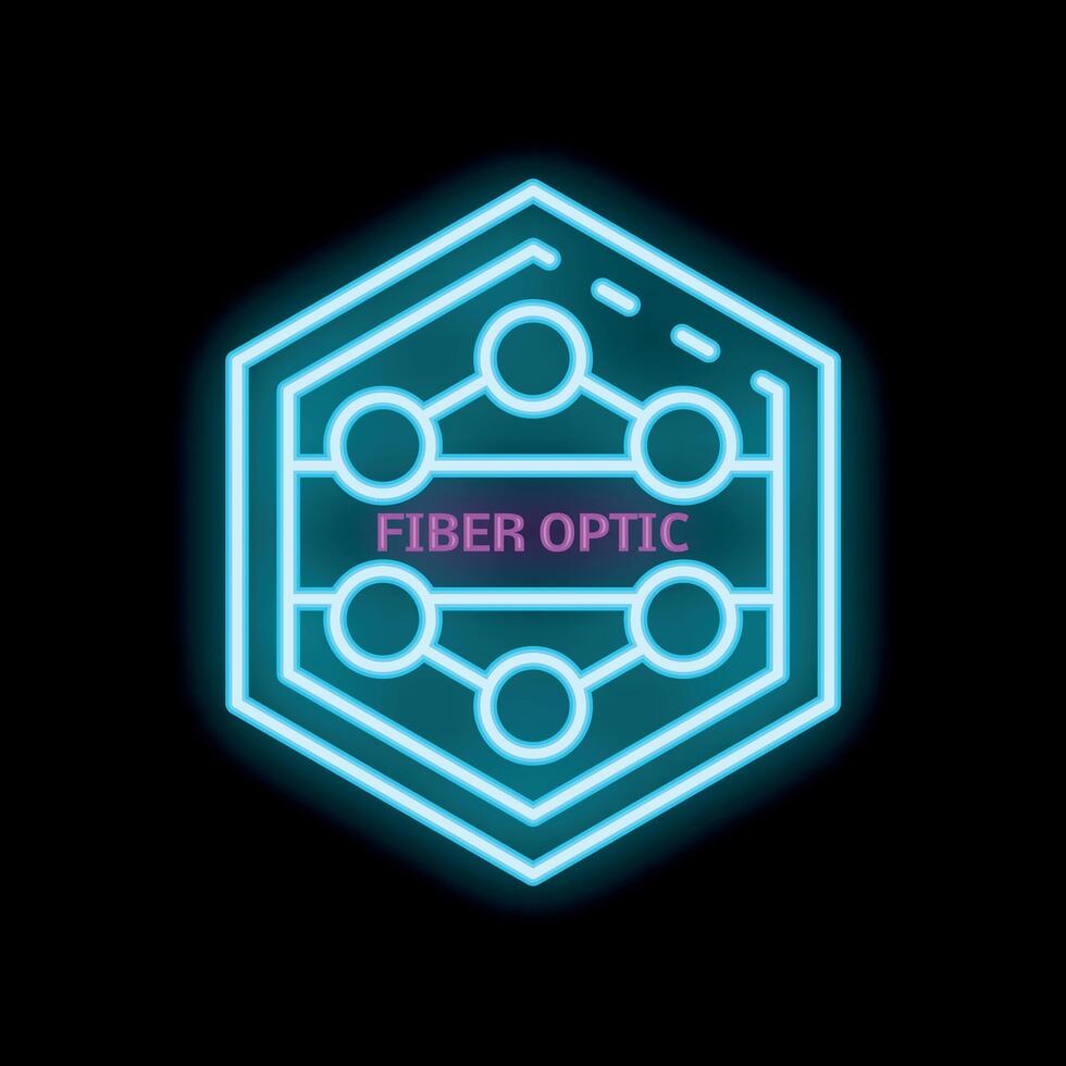 Neon blue hexagon fiber optic internet icon glowing on black background vector