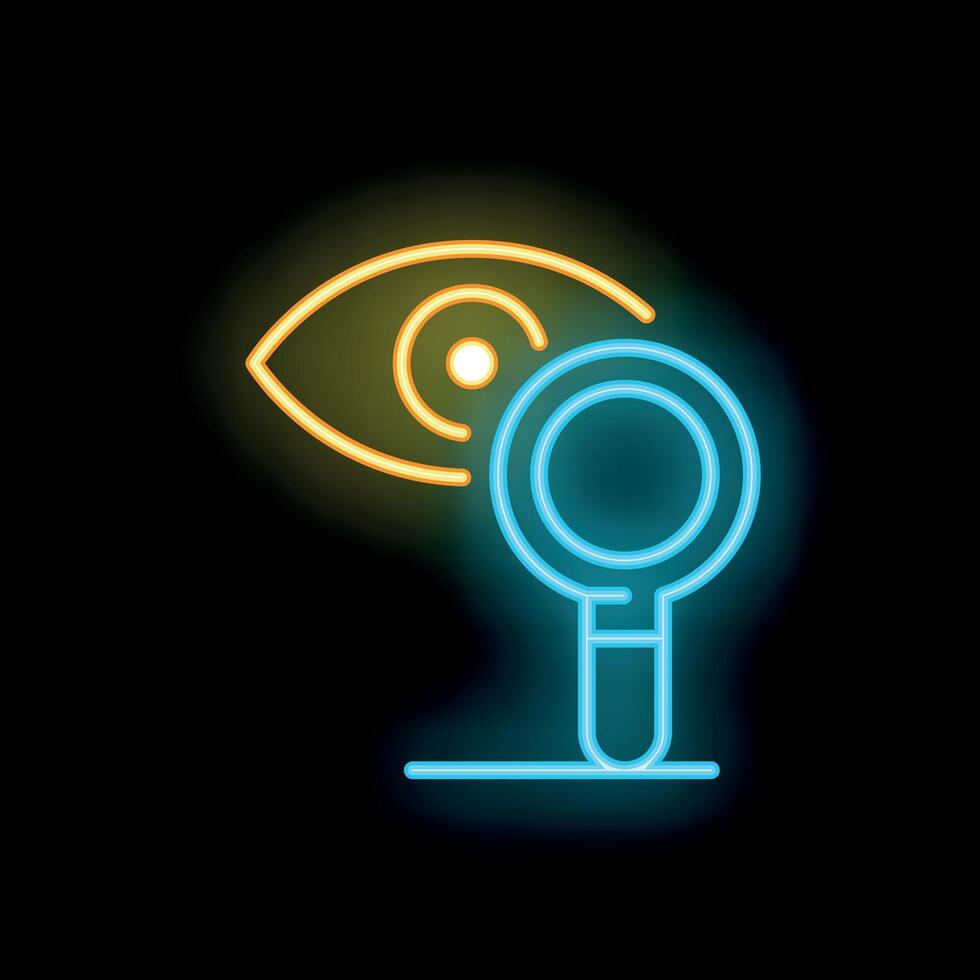 Neon icon of magnifying glass observing with one eye open on black background vector