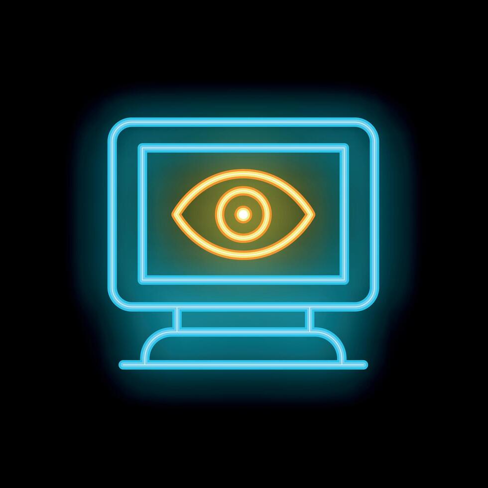Neon icon of computer screen showing eye symbol for online surveillance vector