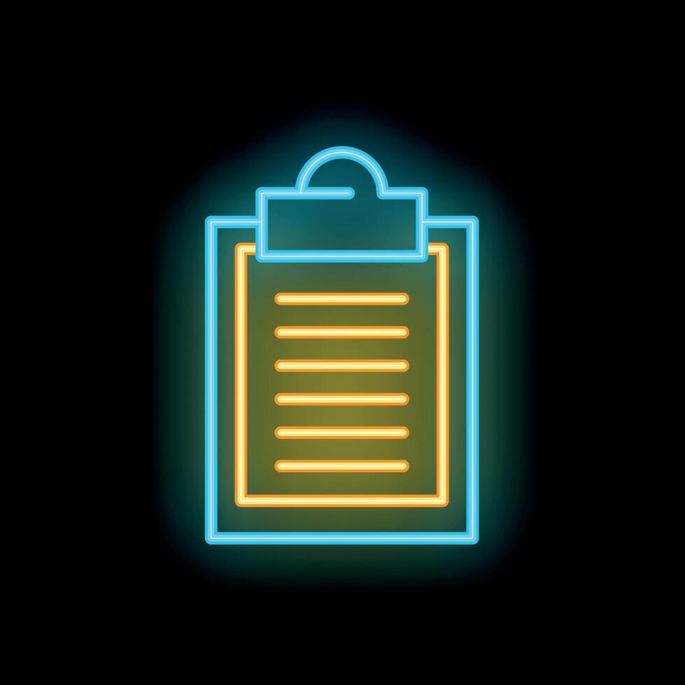 Neon sign of a clipboard with a blank document for writing a list or contract on a black background vector
