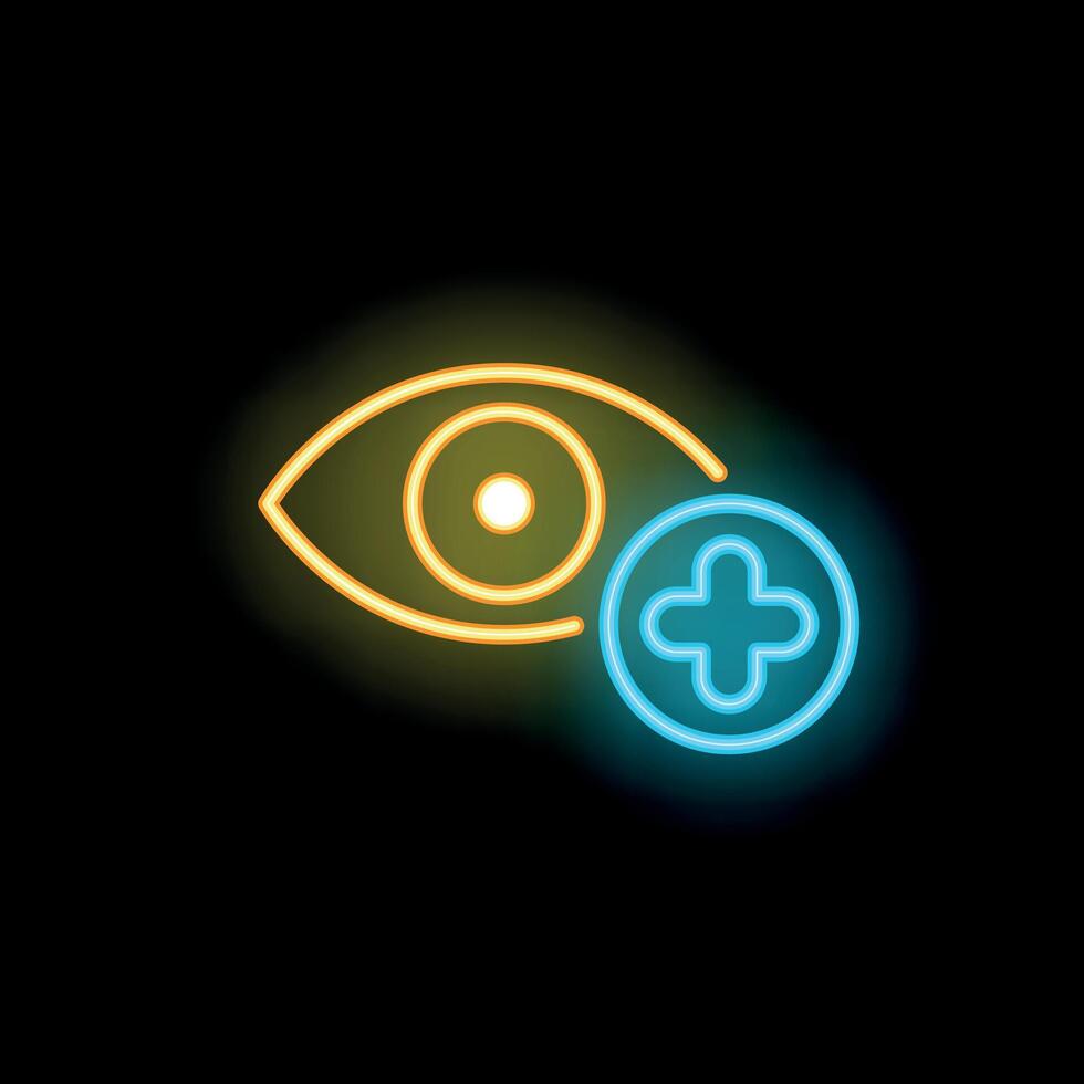 Neon icon of eye with plus sign representing improved vision vector