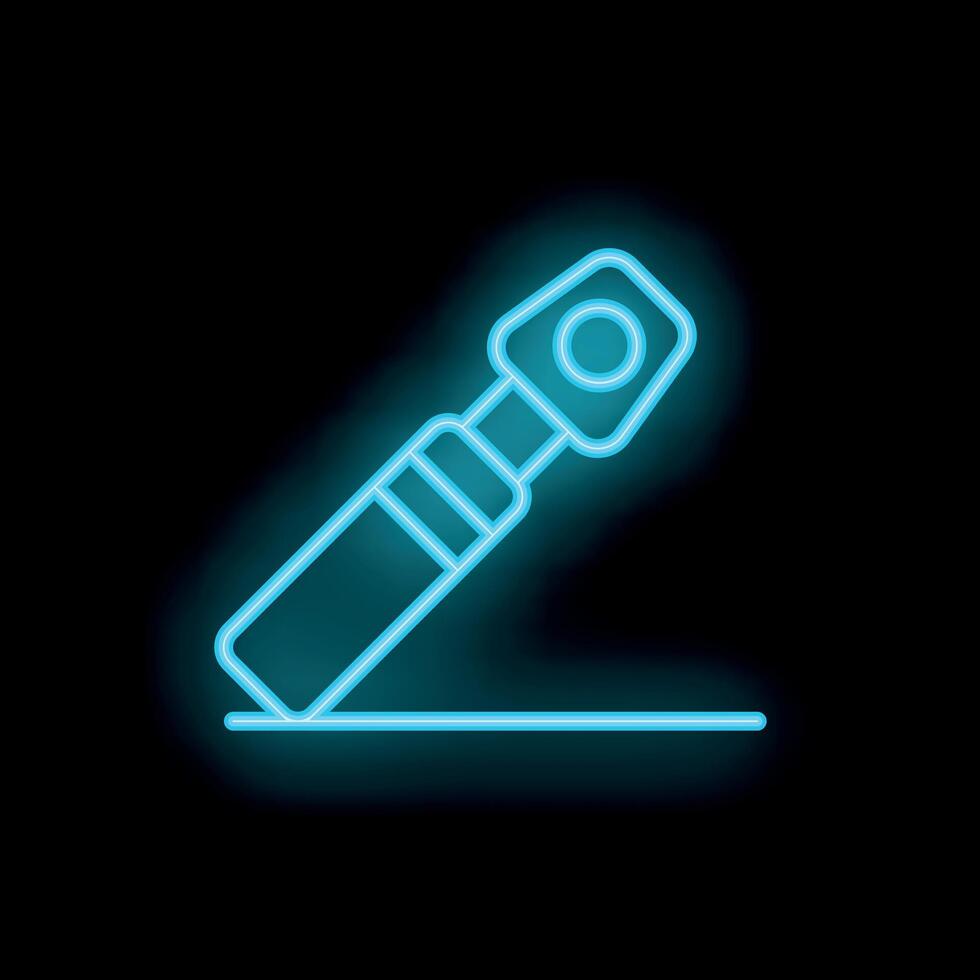 Blue neon sign icon of a medical otoscope shining light on black background vector