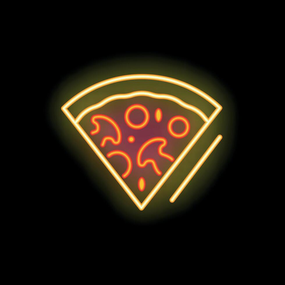 Glowing neon sign showing a slice of pizza with mushrooms and pepperoni on a black background vector