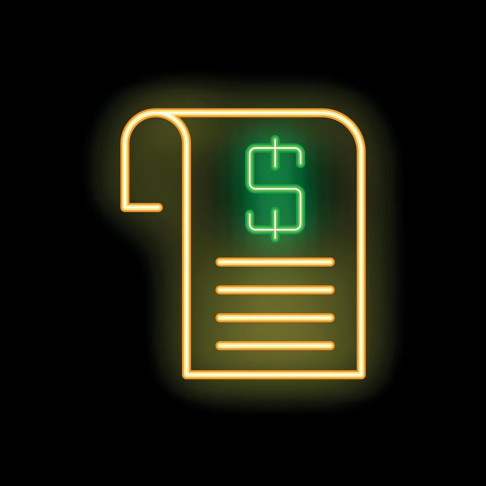 Neon yellow bill with green dollar sign icon glowing on black background vector