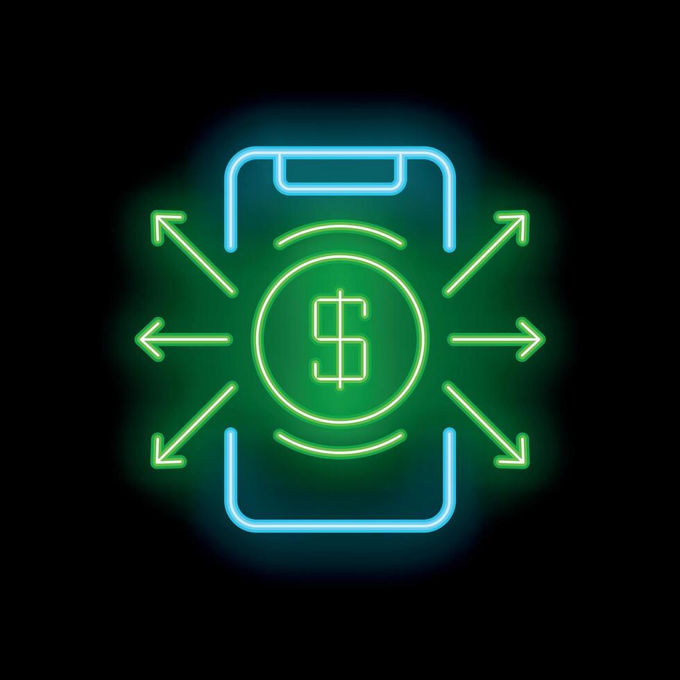Smartphone showing mobile payment system neon style icon vector