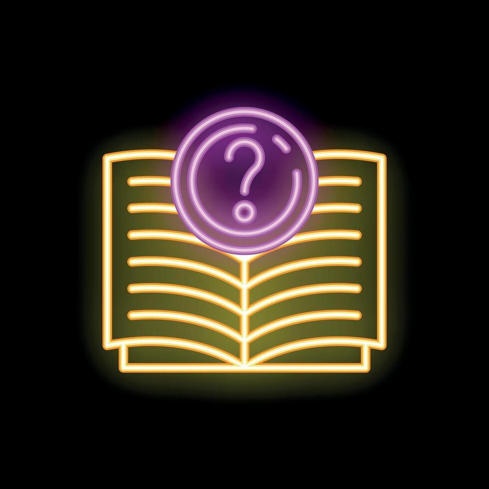 Neon icon of open book with question mark symbolizing faq vector
