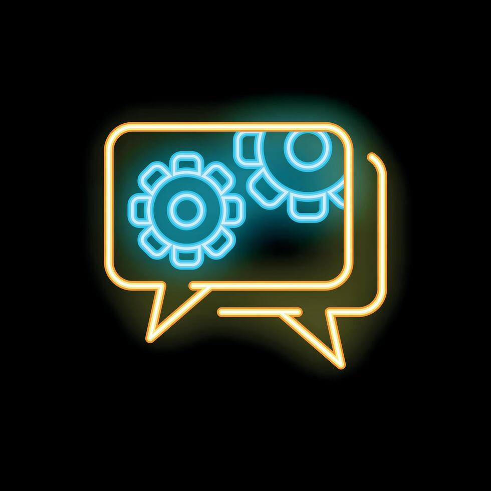 Neon speech bubble showing interlocking gears on black background vector