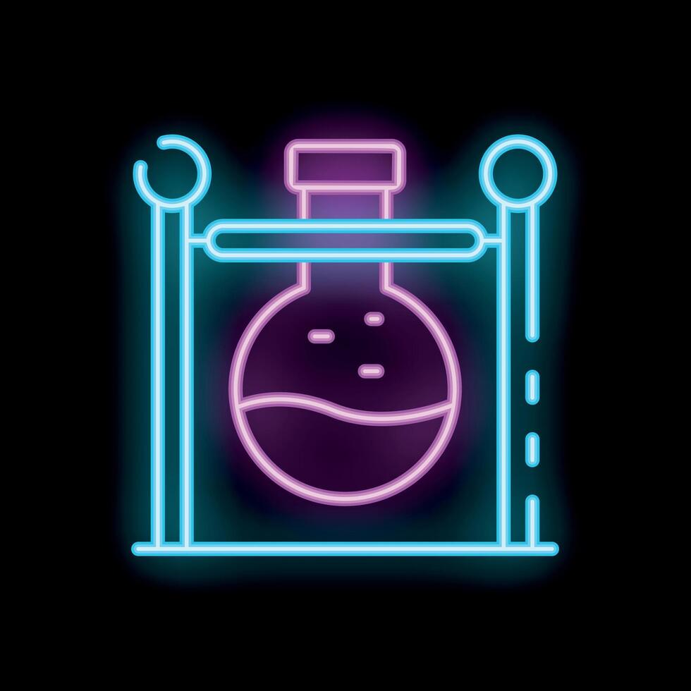 Neon sign representing a round bottom flask held by a metal stand vector