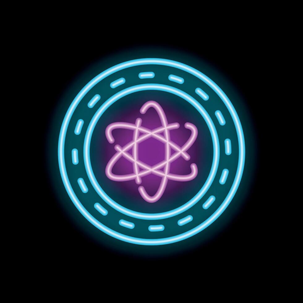 Glowing neon sign depicting atom symbol in circle on black background vector
