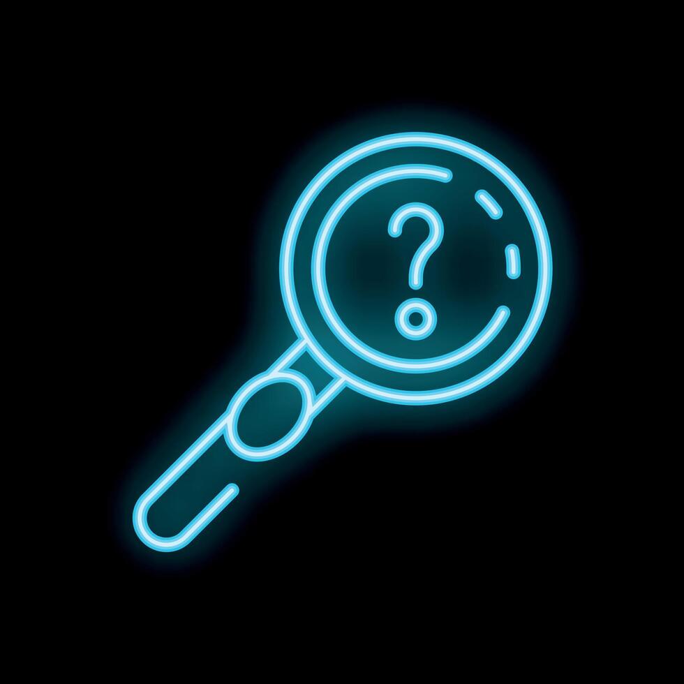 Blue neon magnifying glass is searching for an answer vector