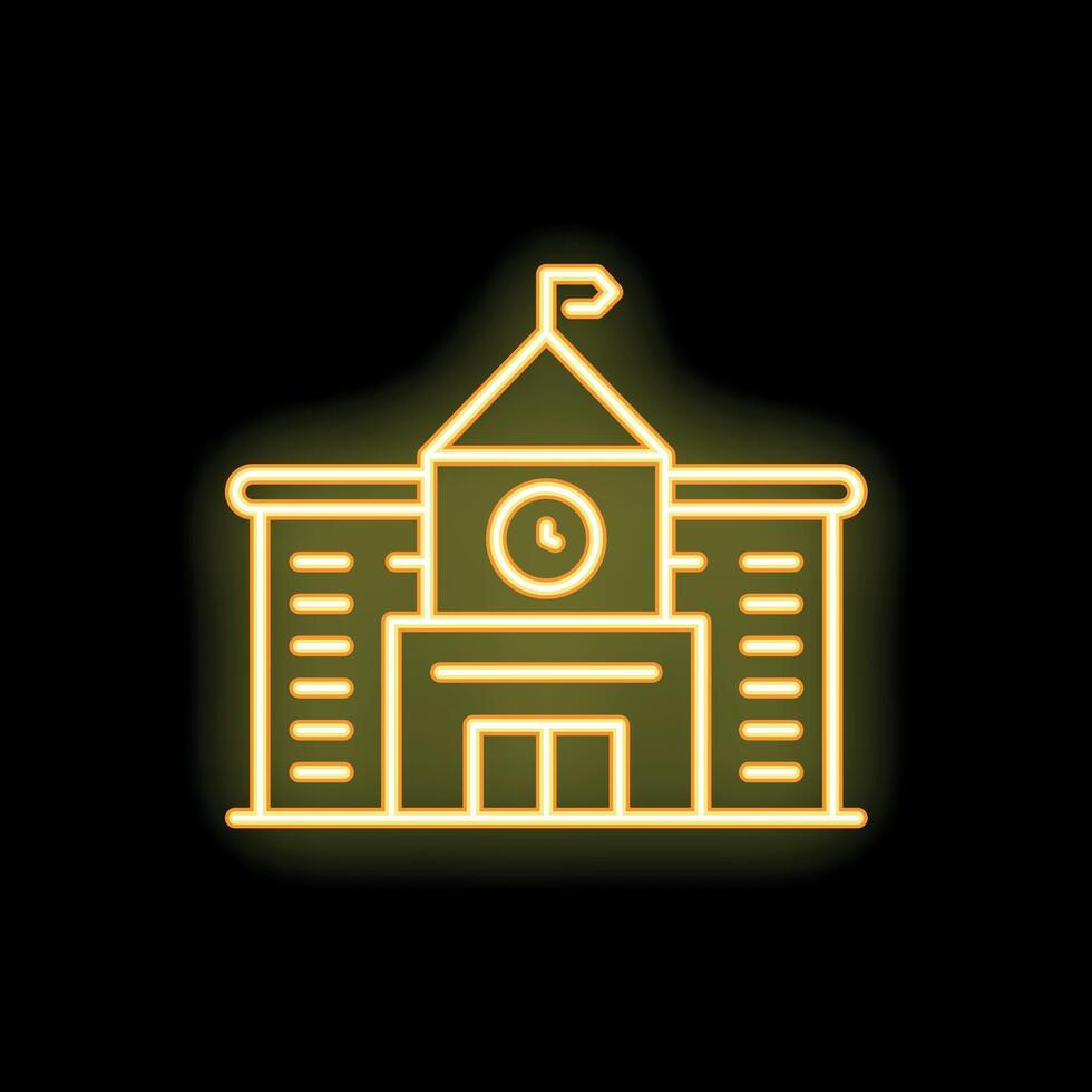 Neon yellow university or school building with clock tower glowing on black background vector