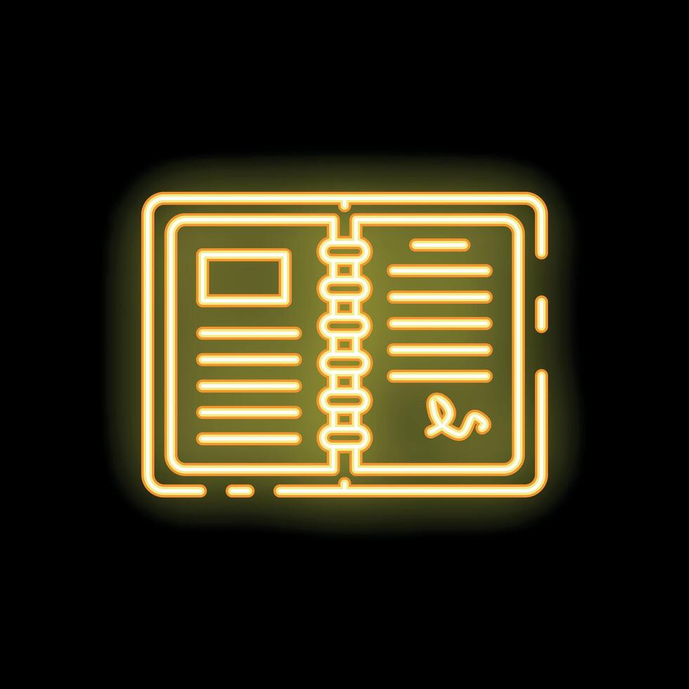 Neon yellow open notebook glowing on black background vector