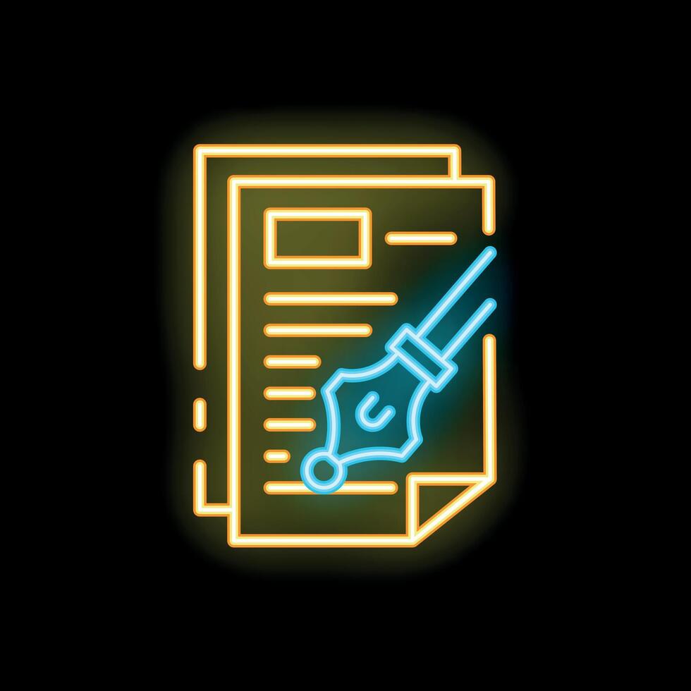 Neon sign of nib pen writing on paper document vector