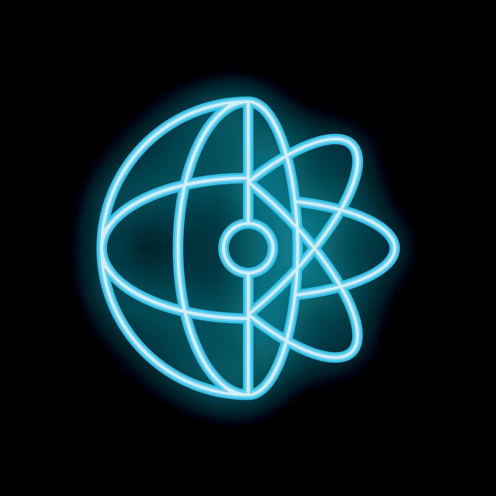 Blue neon atom sign representing global science and technology vector