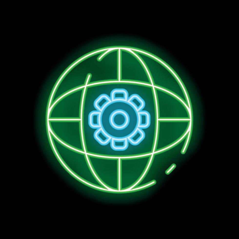 Neon green globe icon showing blue cogwheel representing global business vector