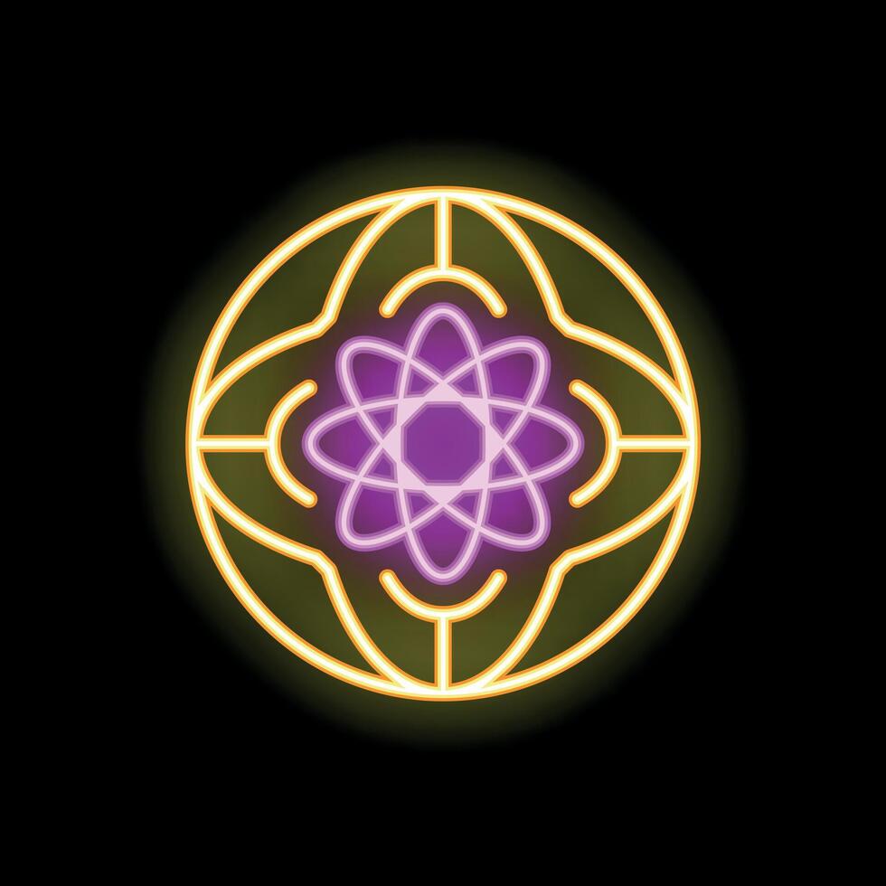 Neon sign representing global atomic energy with atom symbol inside earth globe vector