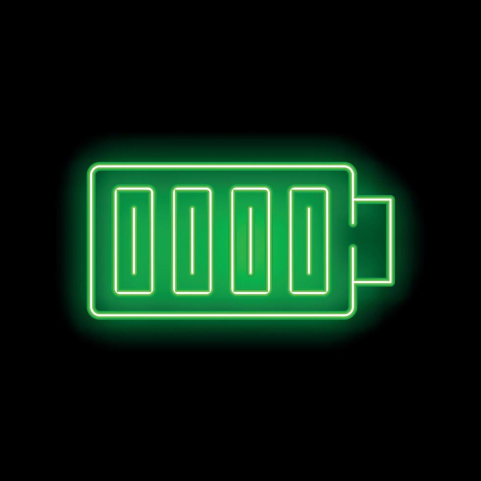 Neon green battery icon glowing on black background vector