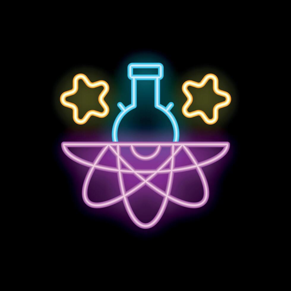 Neon sign representing chemistry experiment with stars on black background vector