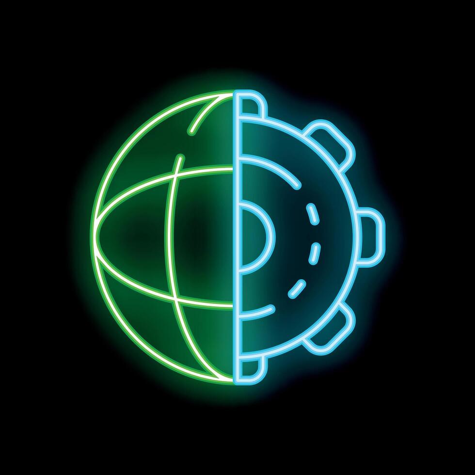 Neon icon of half earth and half gear symbolizing global industry vector