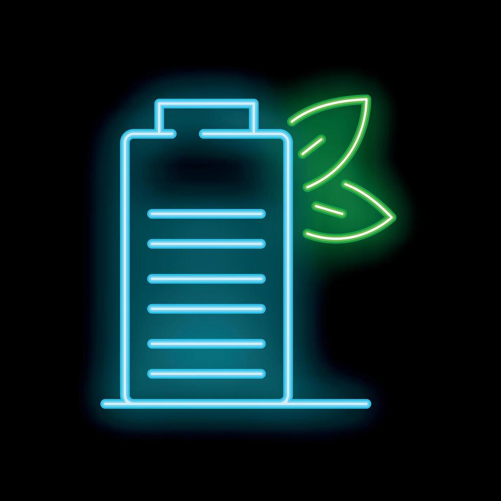 Glowing neon line eco friendly battery icon isolated on black background vector