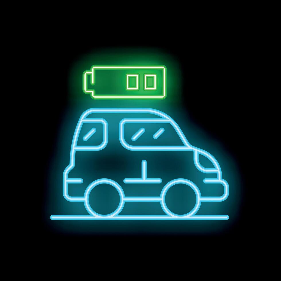 Neon green electric car battery icon glowing on dark background vector