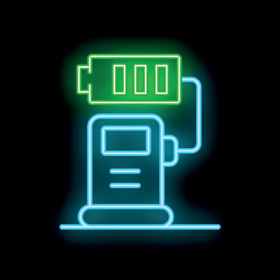 Neon icon of electric vehicle charging station with battery indicator showing full charge vector