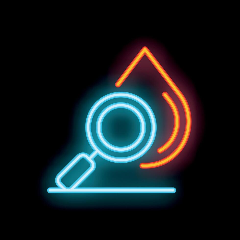 Magnifying glass investigating a drop of blood in neon light vector