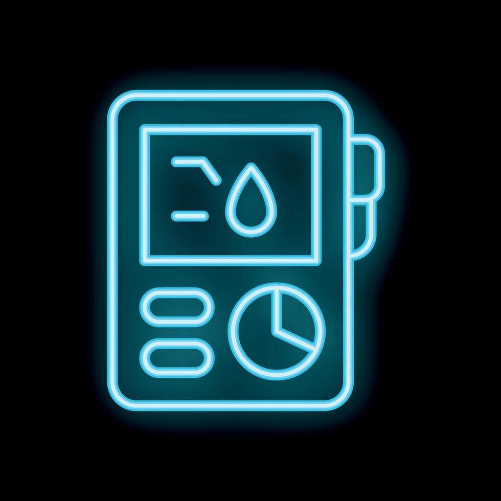 Neon blue glucometer icon showing blood glucose level vector