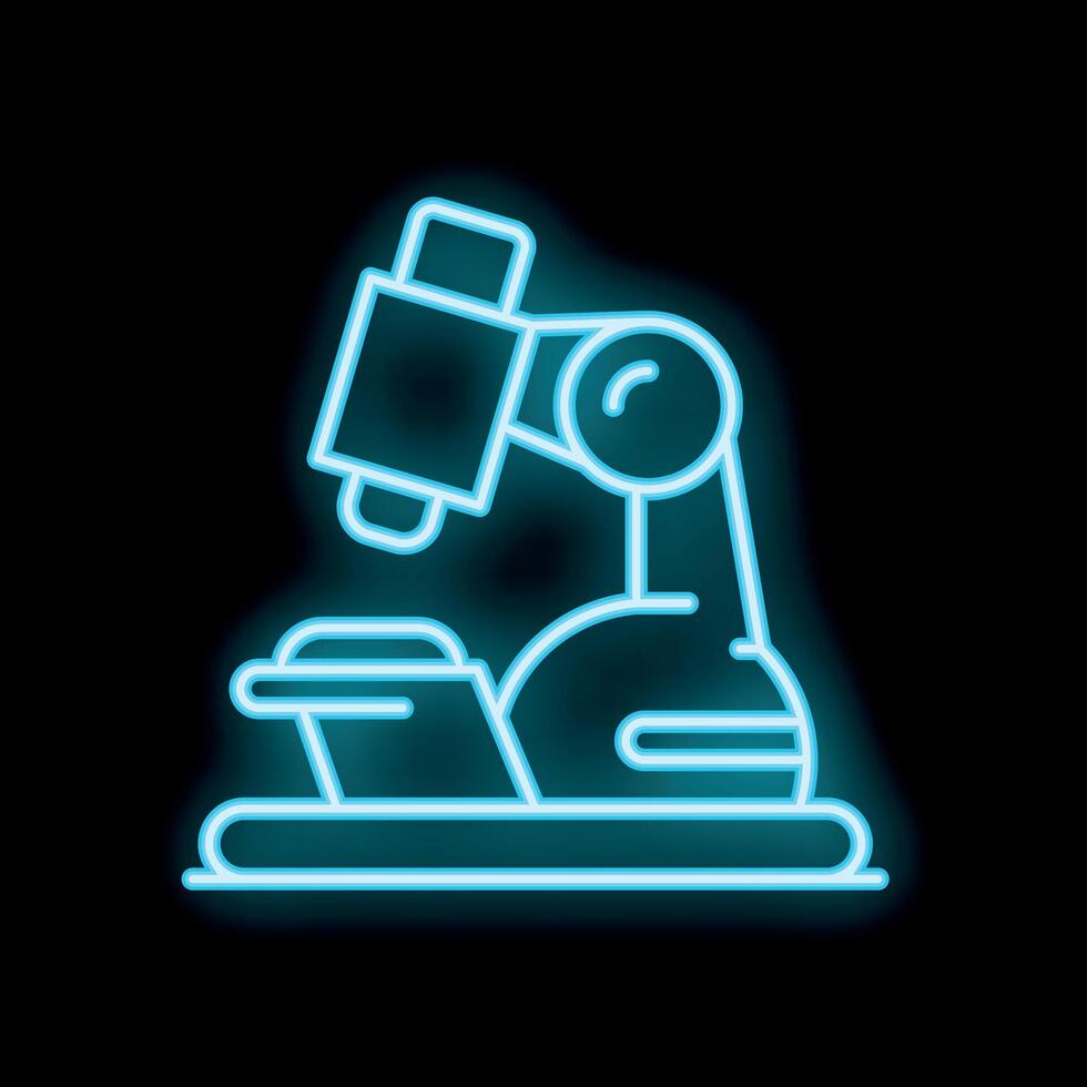 Neon blue microscope icon glowing on black background vector